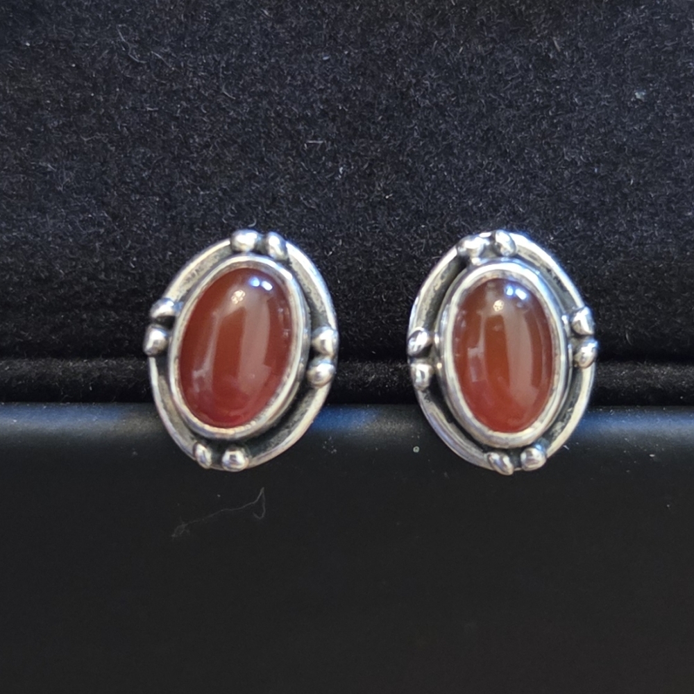 Silver and Red Oval Stud Earrings